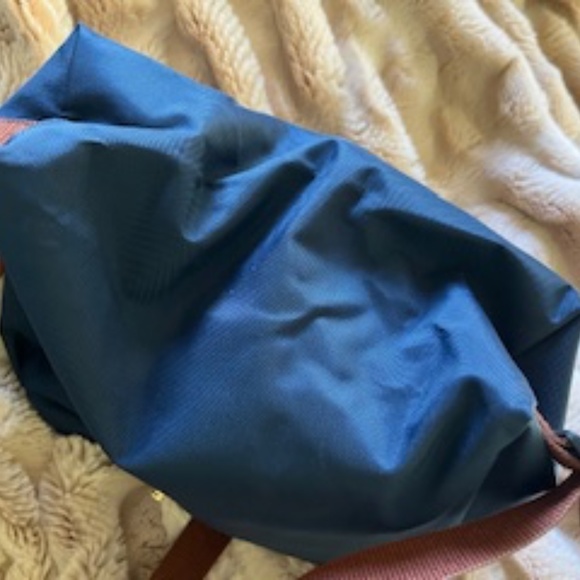 Longchamp Navy Le Pliage Backpack with brown flap and handles - Picture 2 of 5